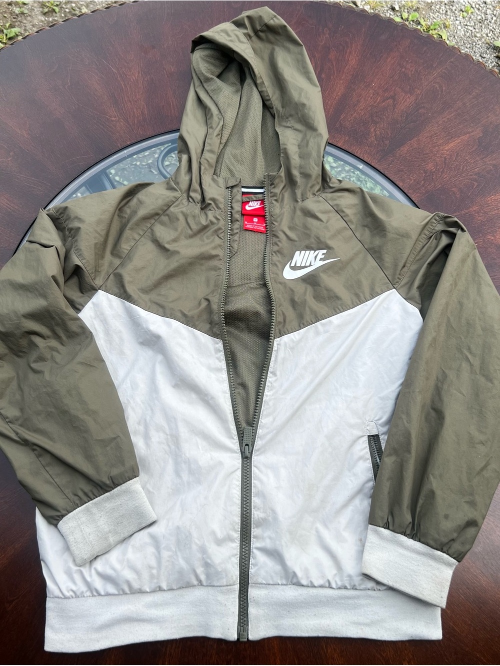 Nike Olive Green and Light Gray Hooded Windbreaker Jacket